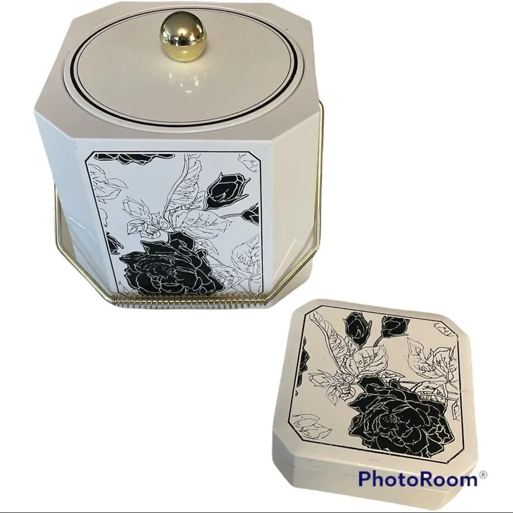 Vintage Mid Century Laquer Ware Ice Bucket and Coasters. Black and white floral.